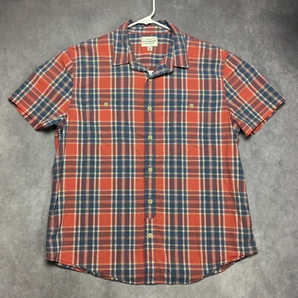 Lucky‎ Brand Mens Plaid Shirt size XL Short Sleeve Button Up Pockets Red Blue